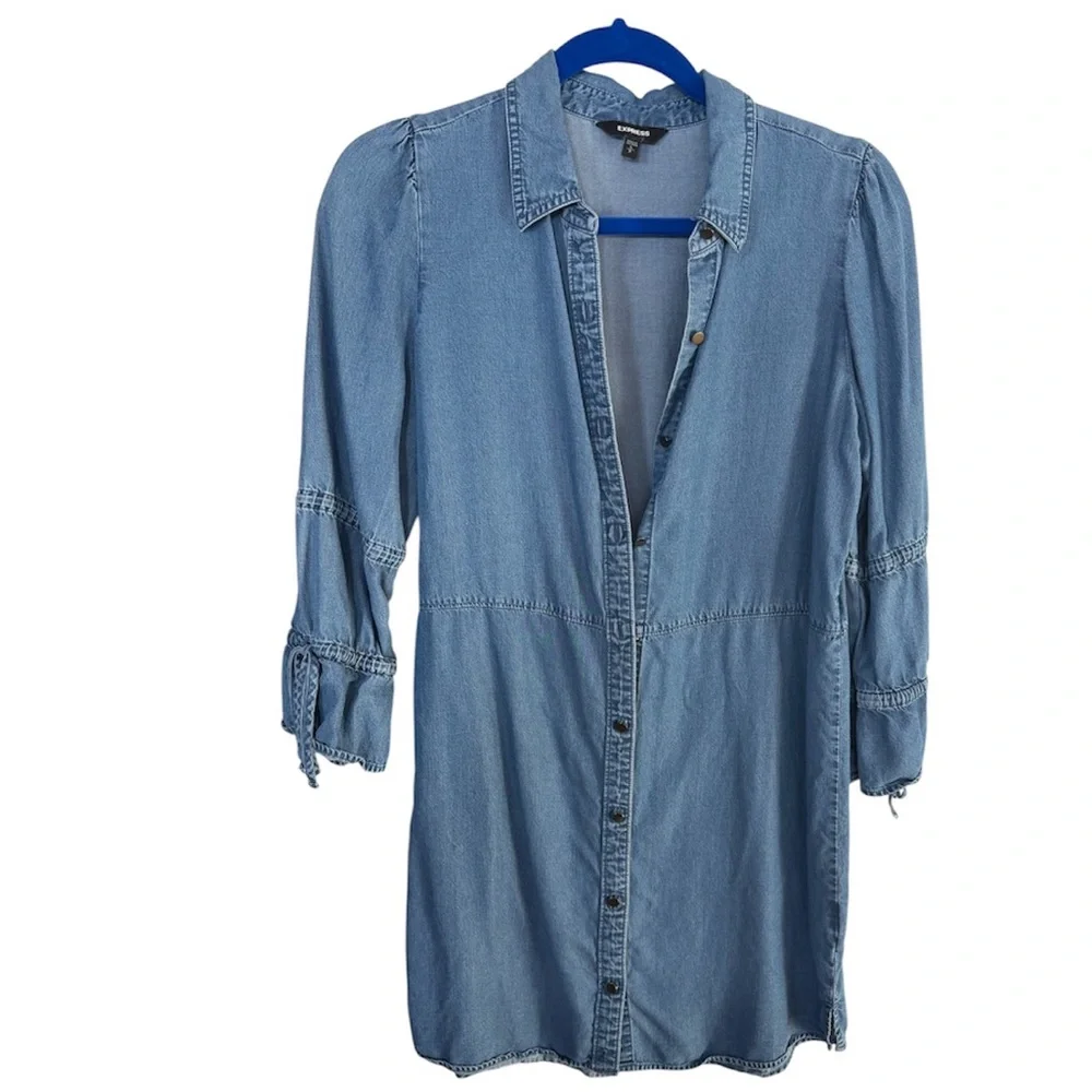 Express Light Denim Puff Sleeve Button Front Mini Shirt Dress Size S - Picture 2 of 11